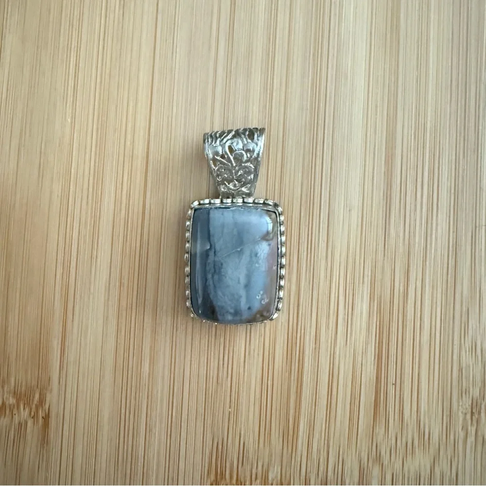 Sterling Silver Blue Agate Natural Stone Necklace Pendant - Picture 3 of 12